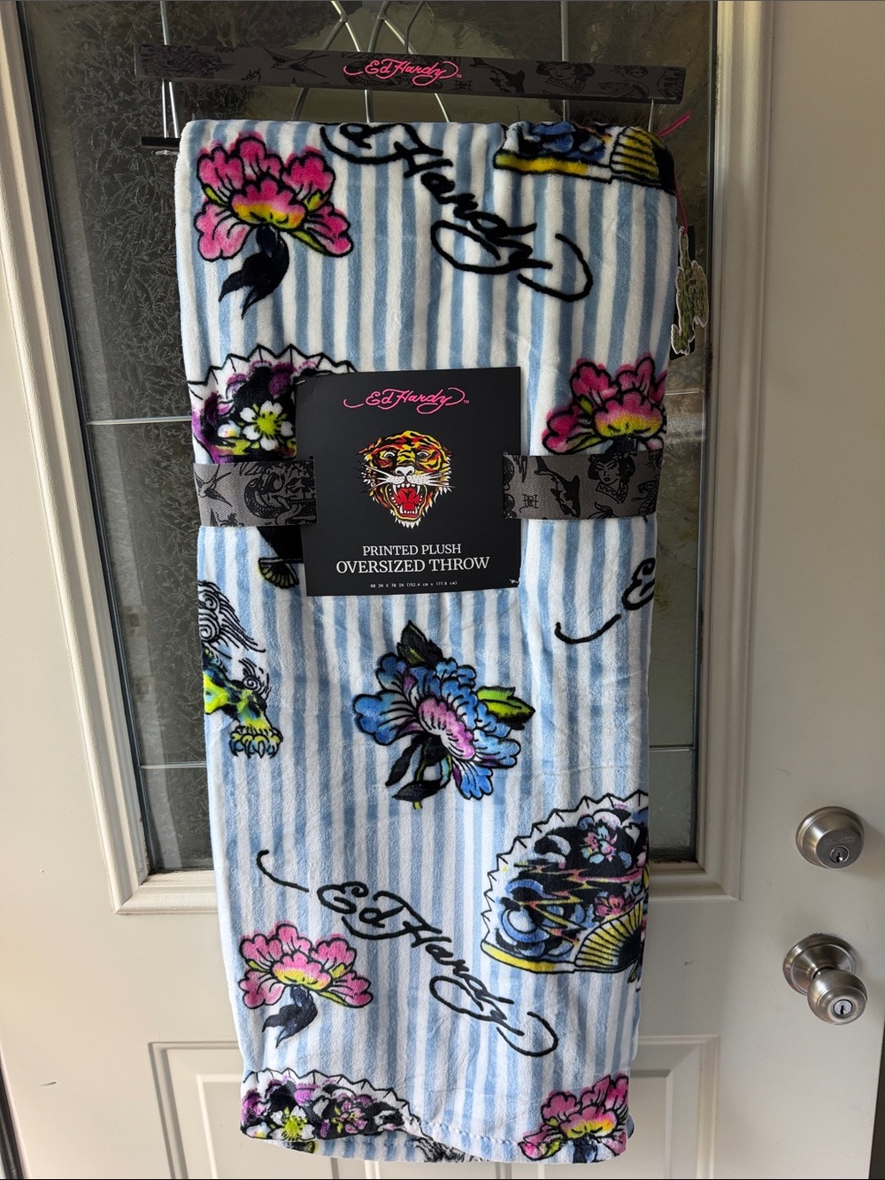 Ed Hardy Blue & White Striped Floral Oversized Throw